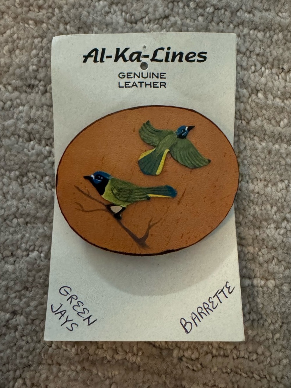 Genuine Leather Green Jays Bird Barrette